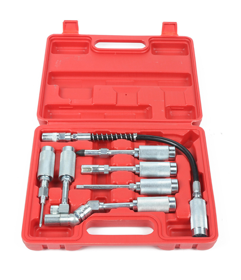 7PC Grease Gun / Lube Accessory Kit & Adaptor Nozzle Set In Storage Case
